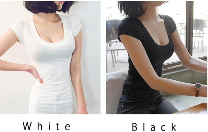 【1,980円均一】谷間魅せ・深Uネック ストレッチフィットTシャツ(ブラック)2025102202