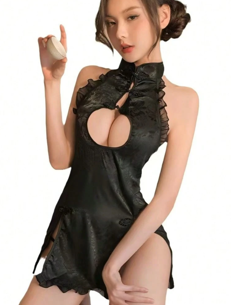 【1,980円均一】妖艶×Sっ気・漆黒のチャイナドレス風クロスバックランジェリー [フリーサイズ]2026021201