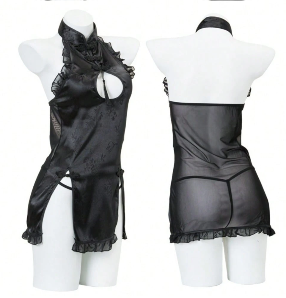 【1,980円均一】妖艶×Sっ気・漆黒のチャイナドレス風クロスバックランジェリー [フリーサイズ]2026021201